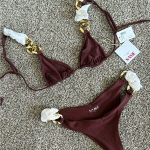 SAME Women's Maroon Bikini Set with Gold Accents